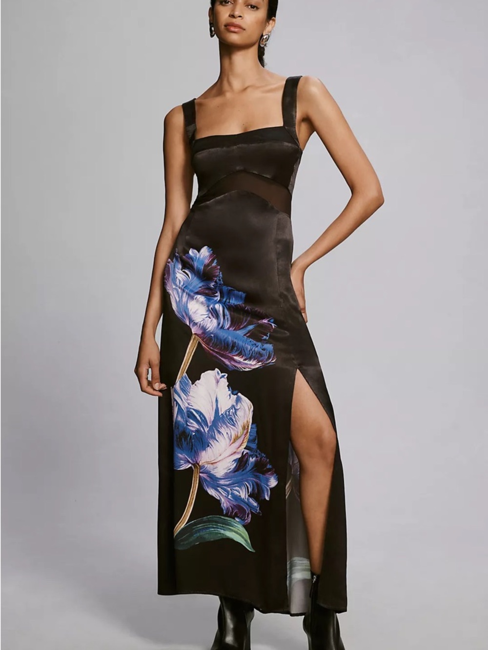 Anthropologie Black Satin Maxi Dress with Blue Floral Print
